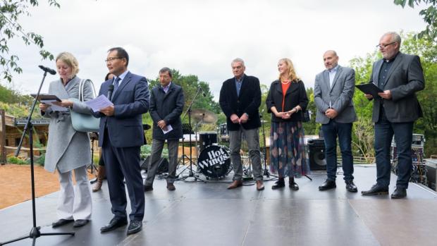 The main celebration of Prague Zoo’s 93rd anniversary since its opening was held in front of the Gobi exhibition - from right: moderator Jan Kovařík, Prague Zoo’s director Miroslav Bobek, deputy mayor Jana Komrsková, Mayor of Prague Bohuslav Svoboda, the Ambassador of Kazakhstan to the Czech Republic Bakyt Dyussenbayev and the Ambassador of Mongolia to the Czech Republic Gansukh Khashkhan Damdin with his interpreter. Photo Petr Hamerník, Prague Zoo