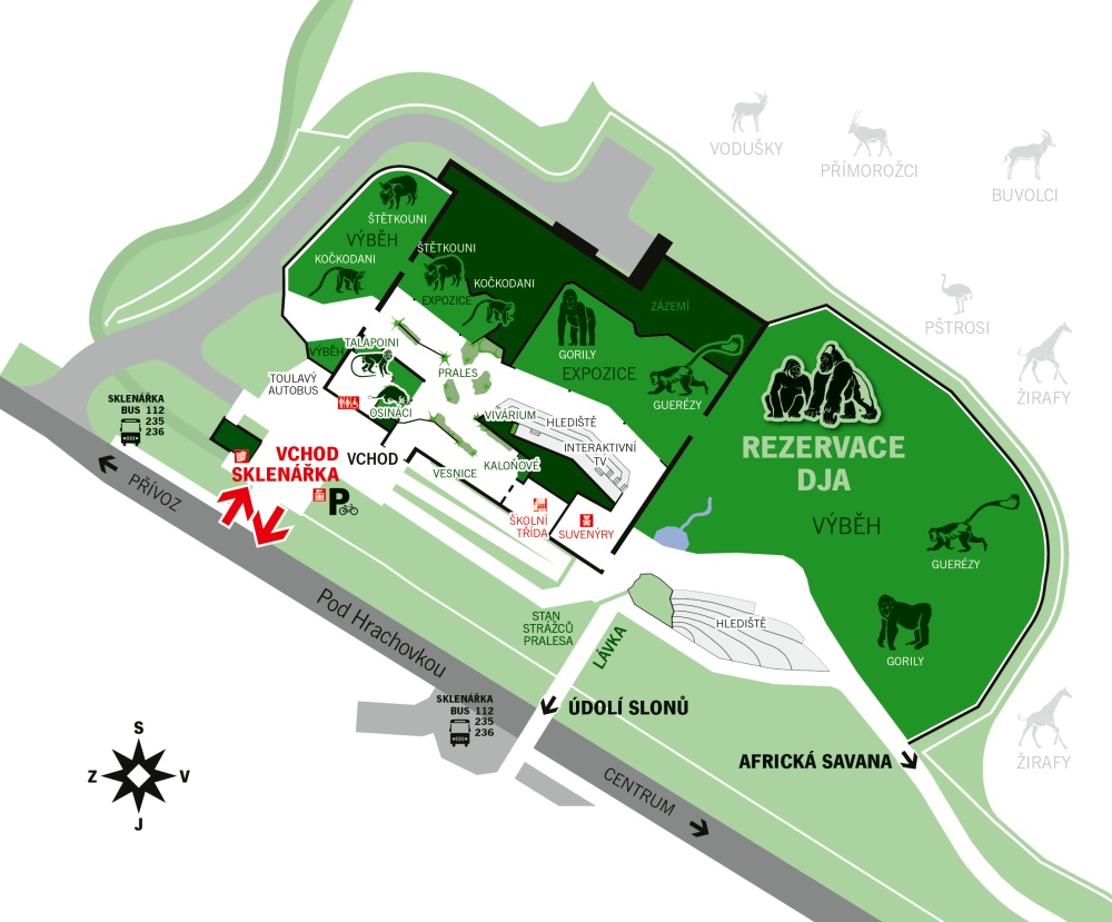 Plan of the Dja Reserve. The indoor area of the monkey and hog exhibit is 120 m², and in good weather they also have the 358 m² outdoor enclosure. Source Prague Zoo