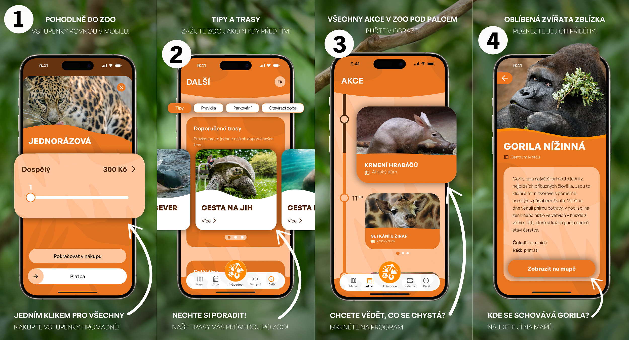 Náhledy obrazovky aplikace: vstupenky (1), trasy (2), akce (3), medailonky zvířat (4). Foto: Zoo Praha.